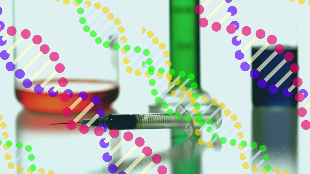 Animation af DNA-strenge over vaccine og bægerglas.