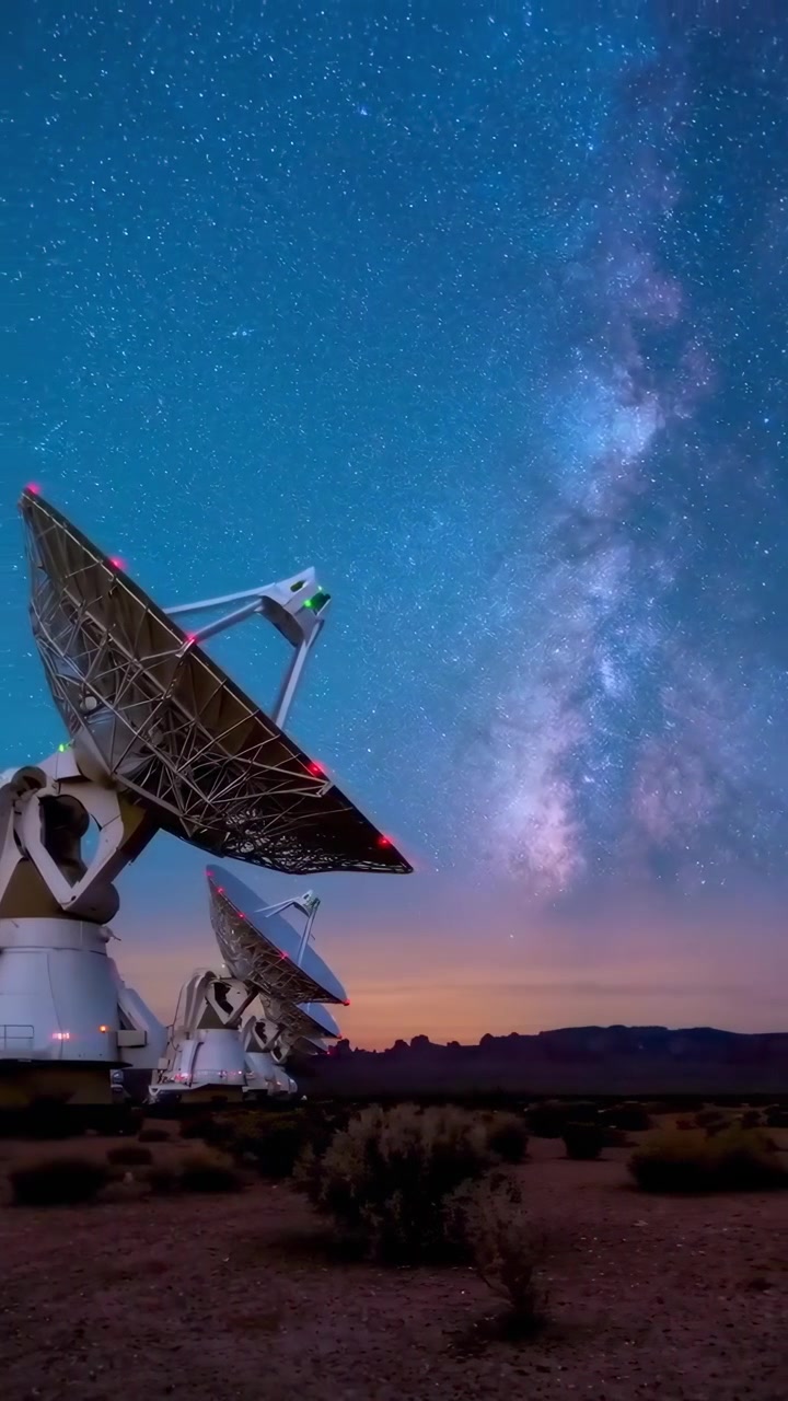 Vía Láctea y amanecer en un timelapse sobre radiotelescopios en el desierto