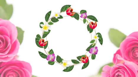 círculo blanco con hojas y flores sobre flores