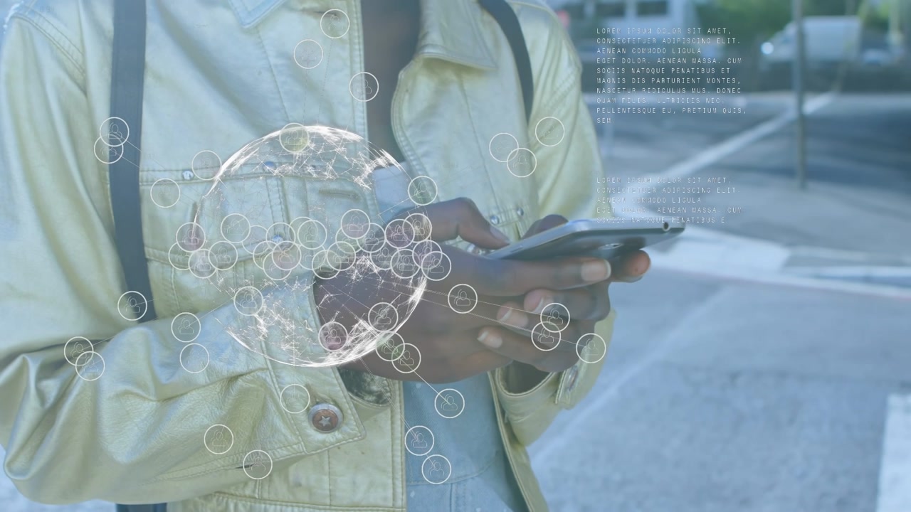 Animation of globe of connections over african american woman using smartphone