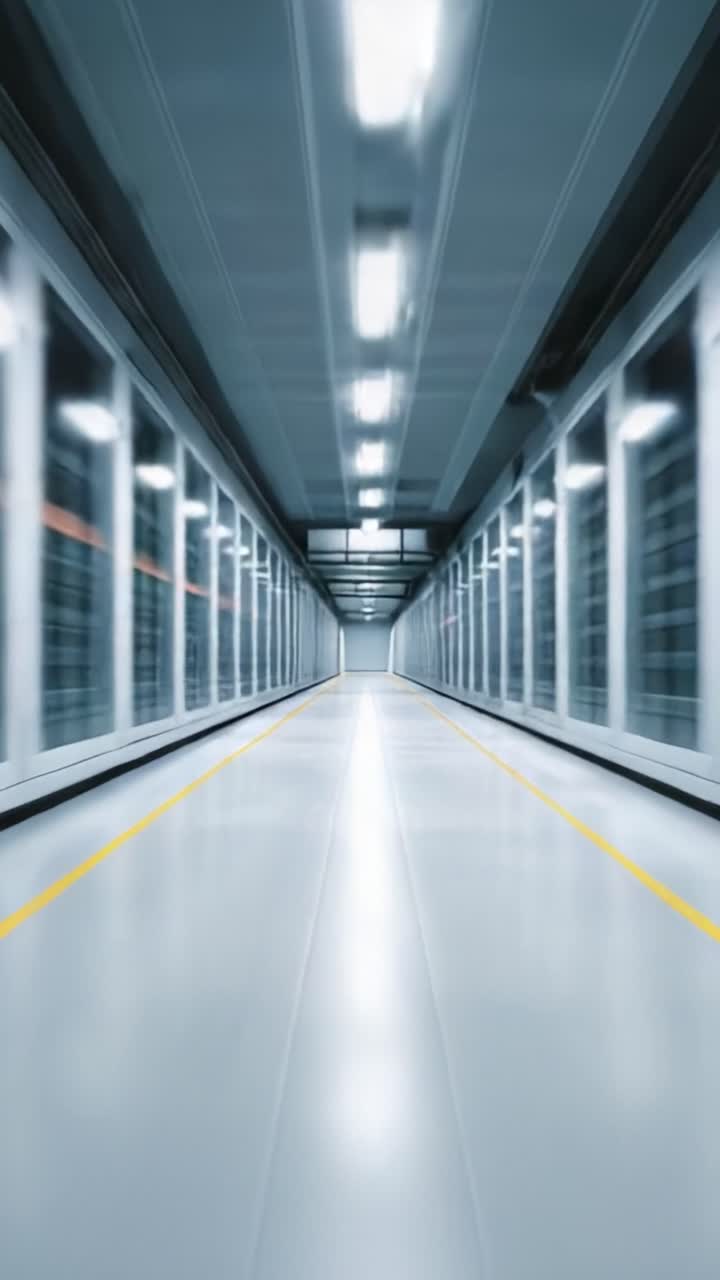 Un corridoio futuristico di un data center che cattura l'essenza della tecnologia con file di server e illuminazione brillante, creando una prospettiva impressionante