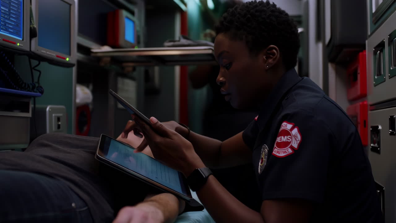 EMT assesses patient inside an ambulance