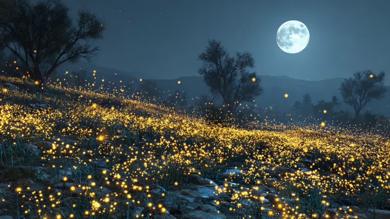 Un sereno paesaggio notturno illuminato da lucciole splendenti sotto una vibrante luna piena, creando un'atmosfera magica in un paesaggio tranquillo