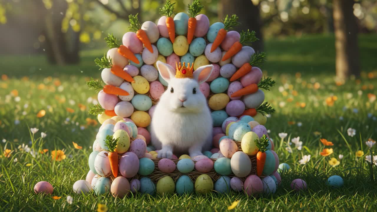 A Majestic Bunny Sitting on a Colorful Throne of Easter Eggs and Carrots, Surrounded by a Lush Garden Full of Blossoming Flowers and Soft Sunlight