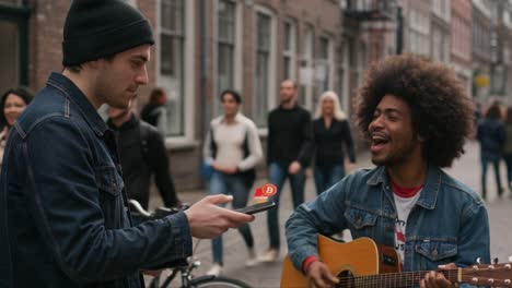 two musicians share a joyful moment on the streets, capturing the connection through music and technology as they enjoy a vibrant urban atmosphere