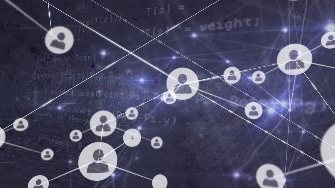 Animation of network of connections with icons over data processing on black background