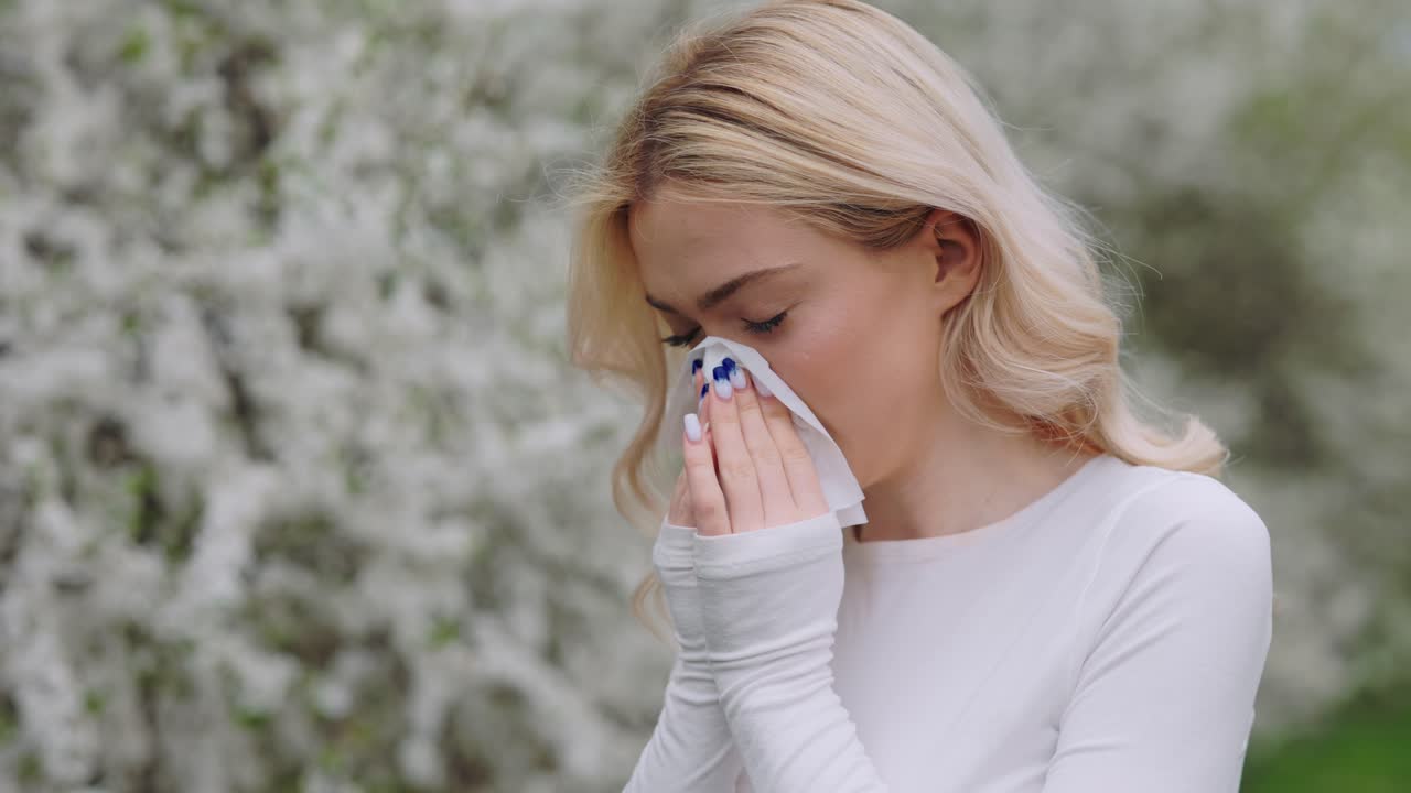 Woman Blowing Nose in Spring Flowers