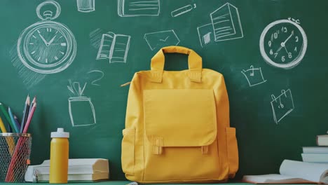 yellow backpack on a green chalkboard