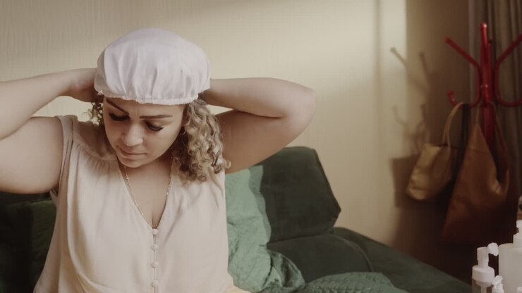 Woman putting on a shower cap at home