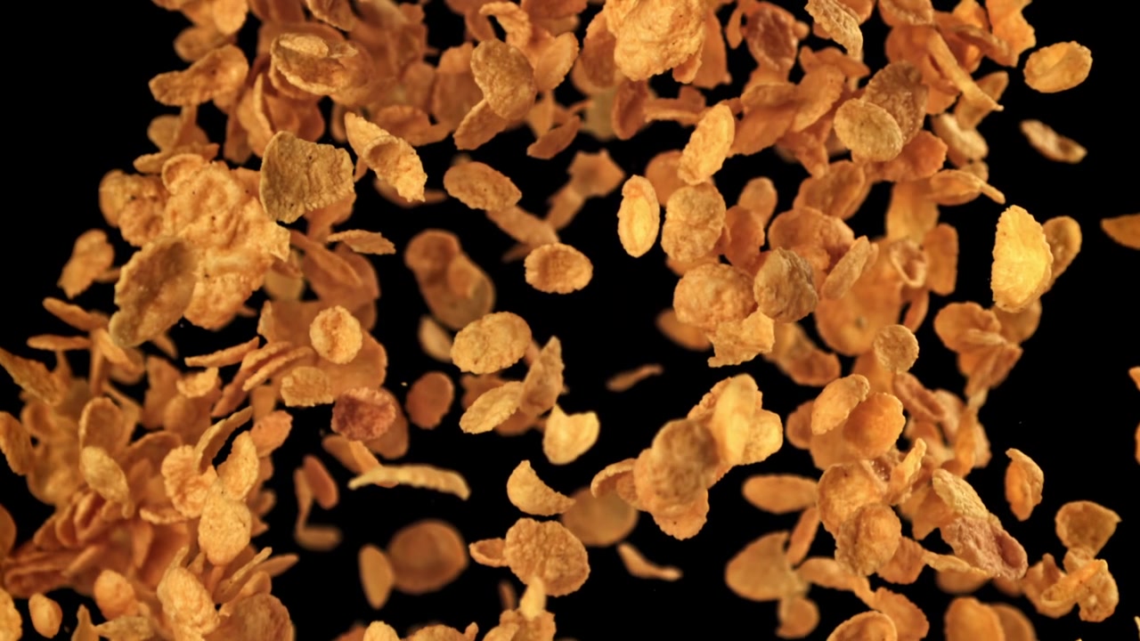 Golden Corn Flakes Falling in Slow Motion on Black Background