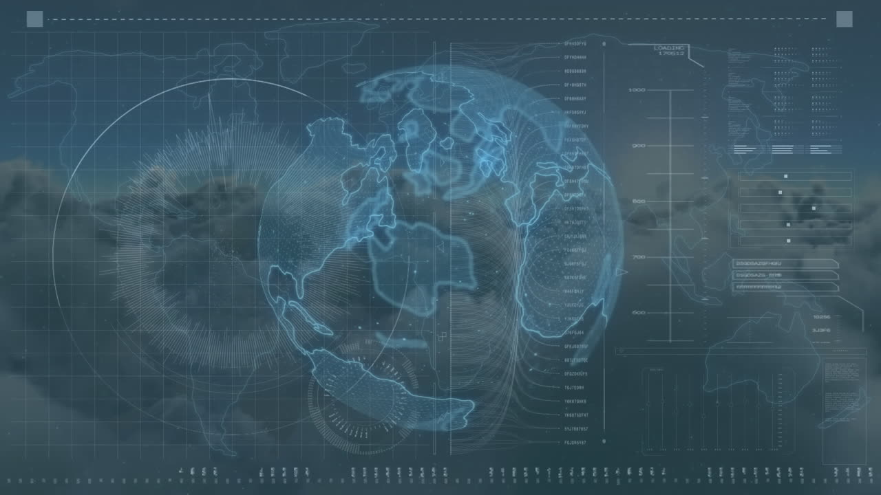 Animation of globe and data processing over sky