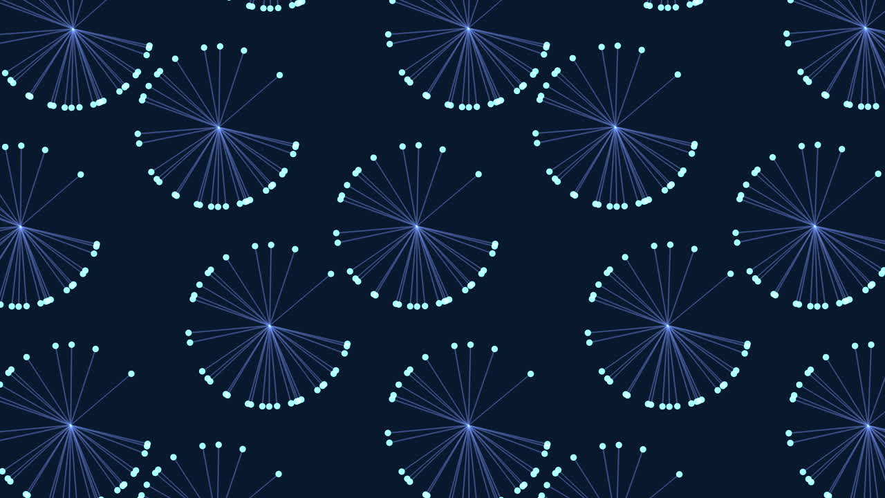 Repeating pattern of dandelions on a dark blue background. Circles form dandelion shapes with yellow centers, arranged in circular patterns that repeat