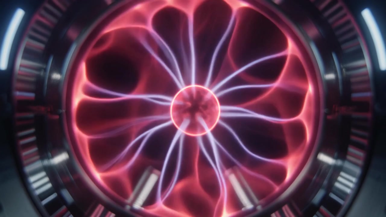 Sfera di Plasma Incandescente con Archi Elettrici in una Cornice Circolare Futuristica