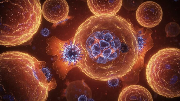 Intricate Visualization of Cellular Interactions: A Stunning Microcosm of Biological Activity Highlighting the Dynamic Relationship Between Cells and Viruses