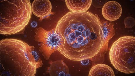 intricate visualization of cellular interactions: a stunning microcosm of biological activity highlighting the dynamic relationship between cells and viruses