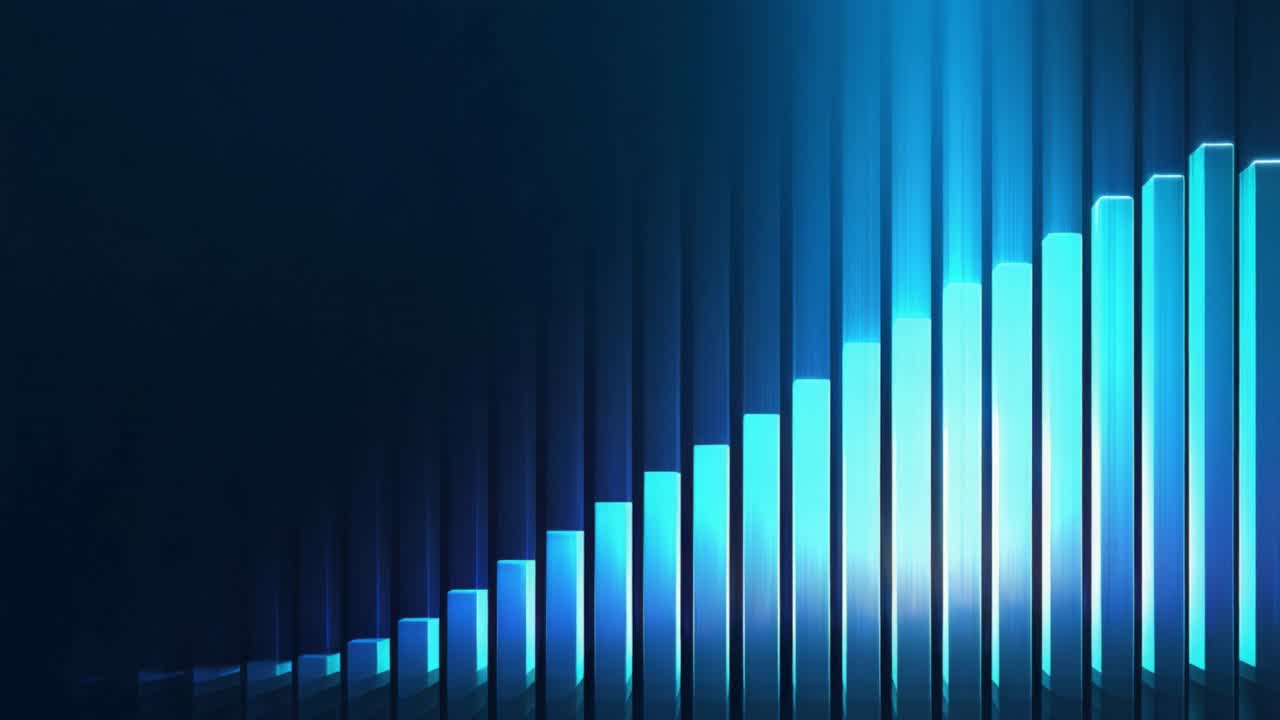 Abstract digital background featuring a financial bar graph with glowing blue columns rising progressively, symbolizing data analysis, business growth, economic progress, and market success