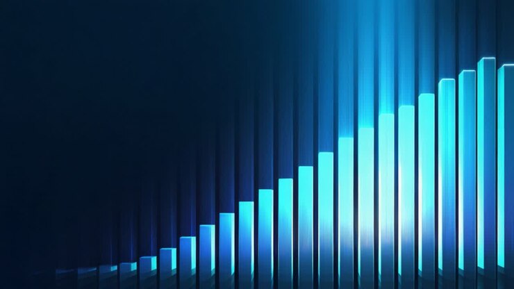 Abstraktní digitální pozadí s finančním sloupcovým grafem s progresivně rostoucími modrými sloupci, které symbolizují analýzu dat, obchodní růst, ekonomický pokrok a úspěch na trhu.