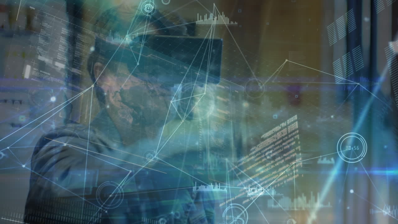 vr 헤드 ⁇ 을 사용하는 코카시안 사업가 위로 이동하는 처리 데이터의 애니메이션