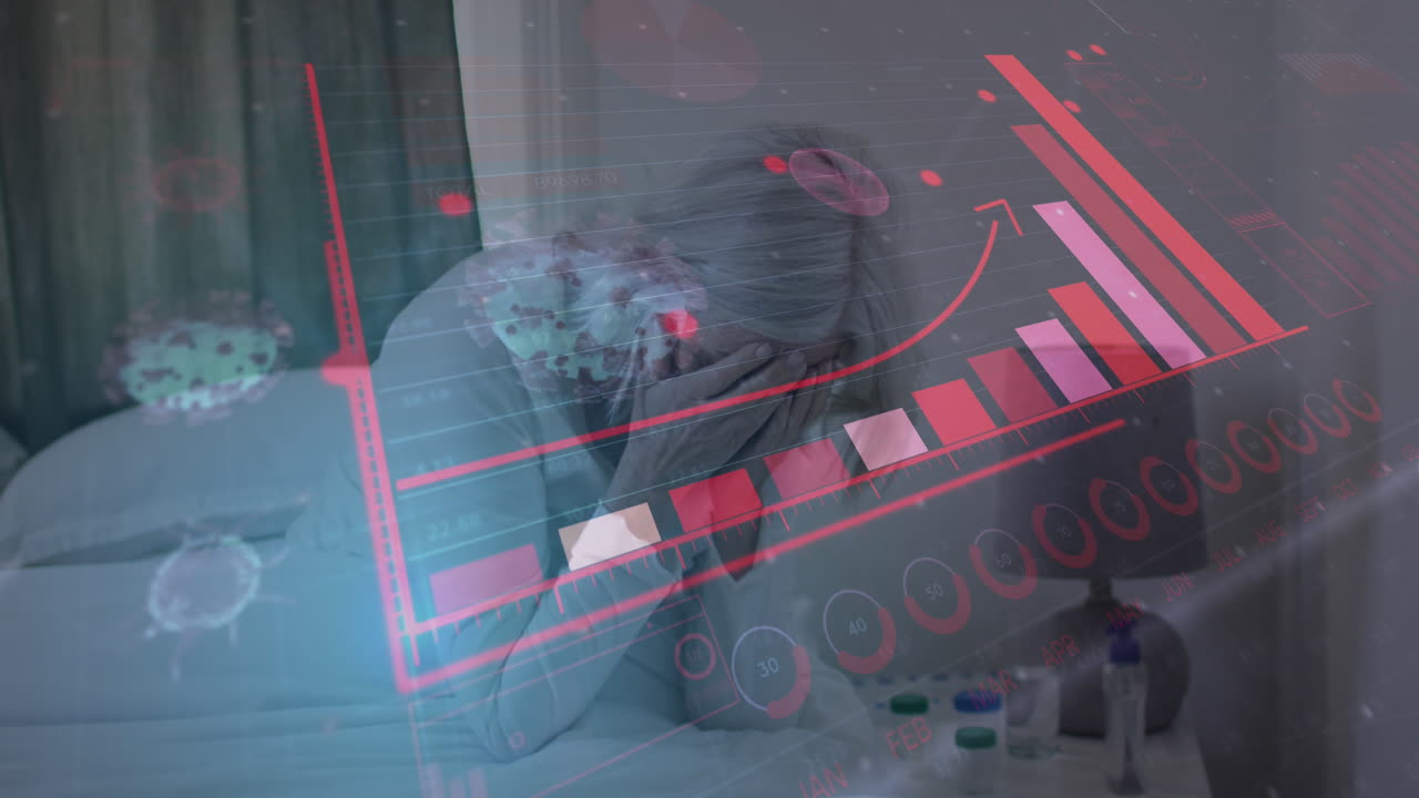 animación de células de virus sobre una mujer caucásica mayor en la cama