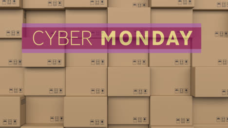 Animation-of-cyber-monday-text-over-stack-of-cardboard-boxes-in-warehouse