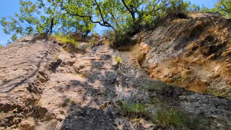 sheer steep rocky cliff face with trees on top with camera looking up vertically with blue sky background 4k