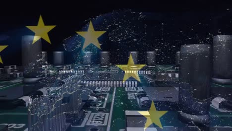 Animation-of-flag-of-european-union-over-map-of-connections-and-computer-motherboard