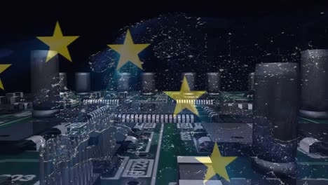 animation of flag of european union over map of connections and computer motherboard