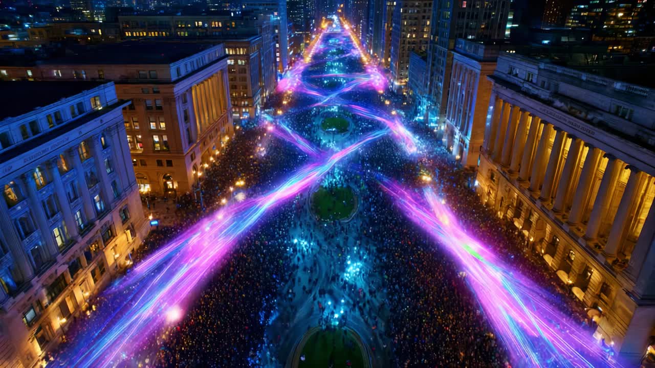 An aerial view at night captures the vibrant energy of a massive crowd gathering in a cityscape, illuminated by dazzling beams of colored lights crossing the streets, creating a mesmerizing visual spectacle