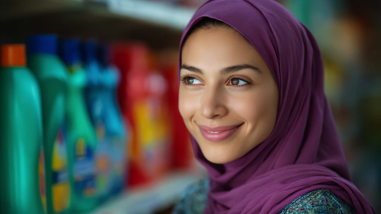 A Young Woman in a Beautiful Hijab Smiling Gently While Shopping for Household Cleaning Products, Surrounded by Colorful Bottles and Shelf Arrangements in a Store Aisle