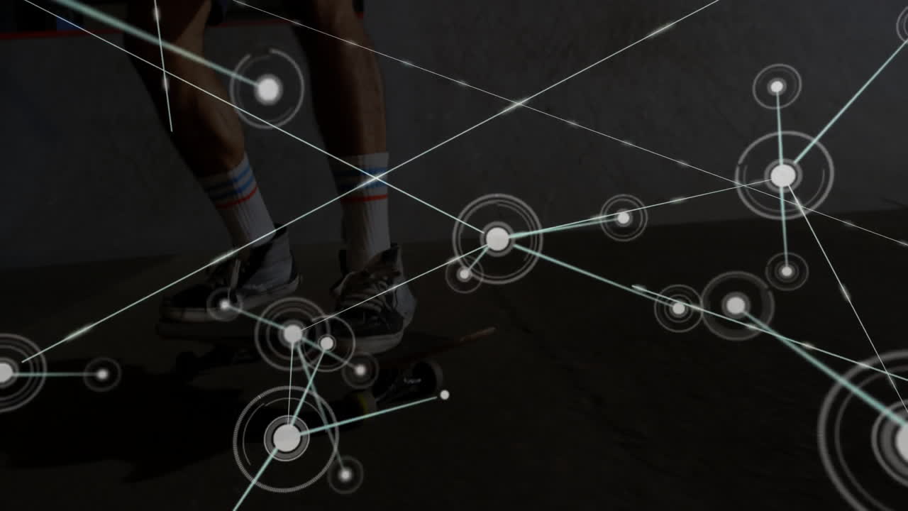 Skateboarder sliding down concrete ramp while digital tech network overlay connecting data nodes