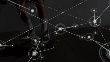 skateboarder sliding down concrete ramp while digital tech network overlay connecting data nodes