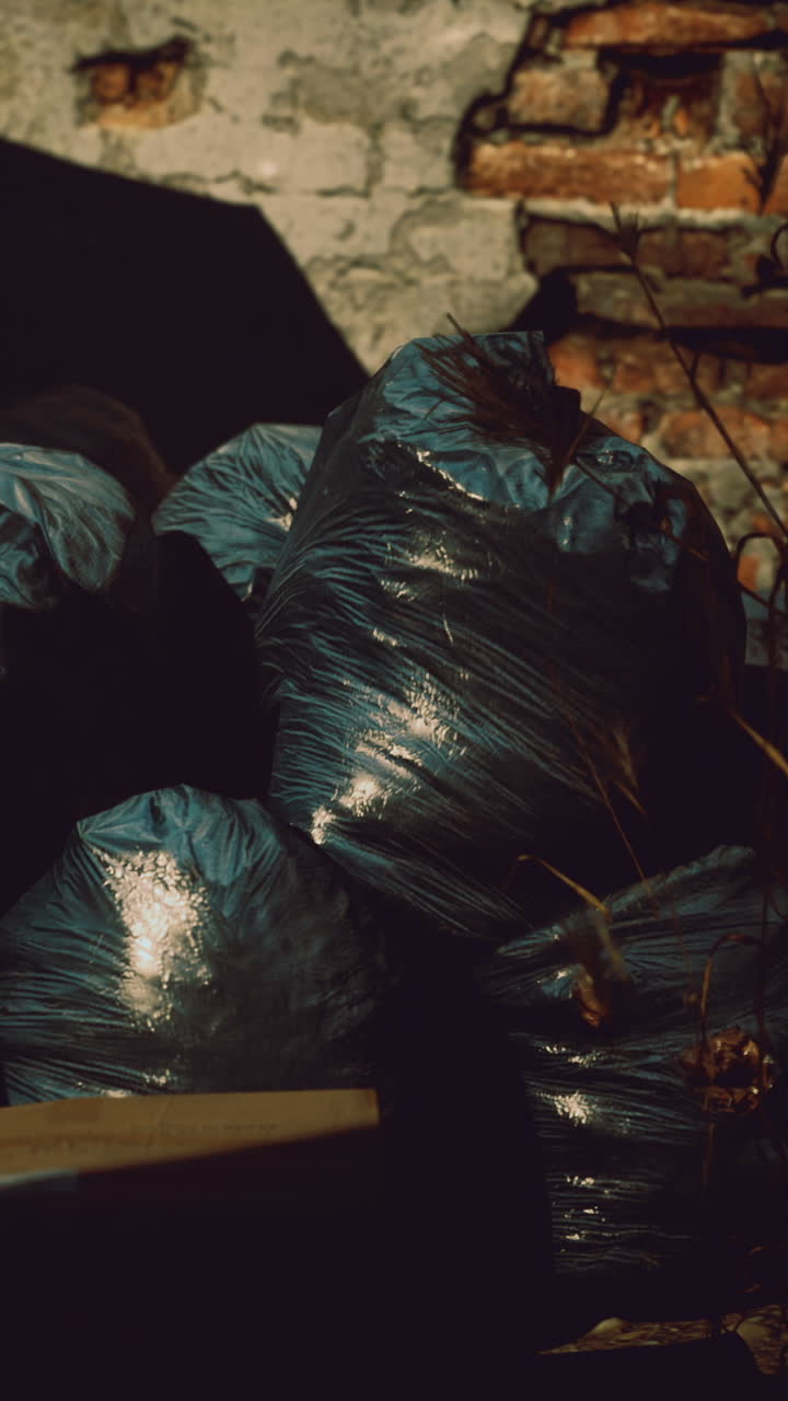 Trash bags stacked near an old wall in a dimly lit area at night
