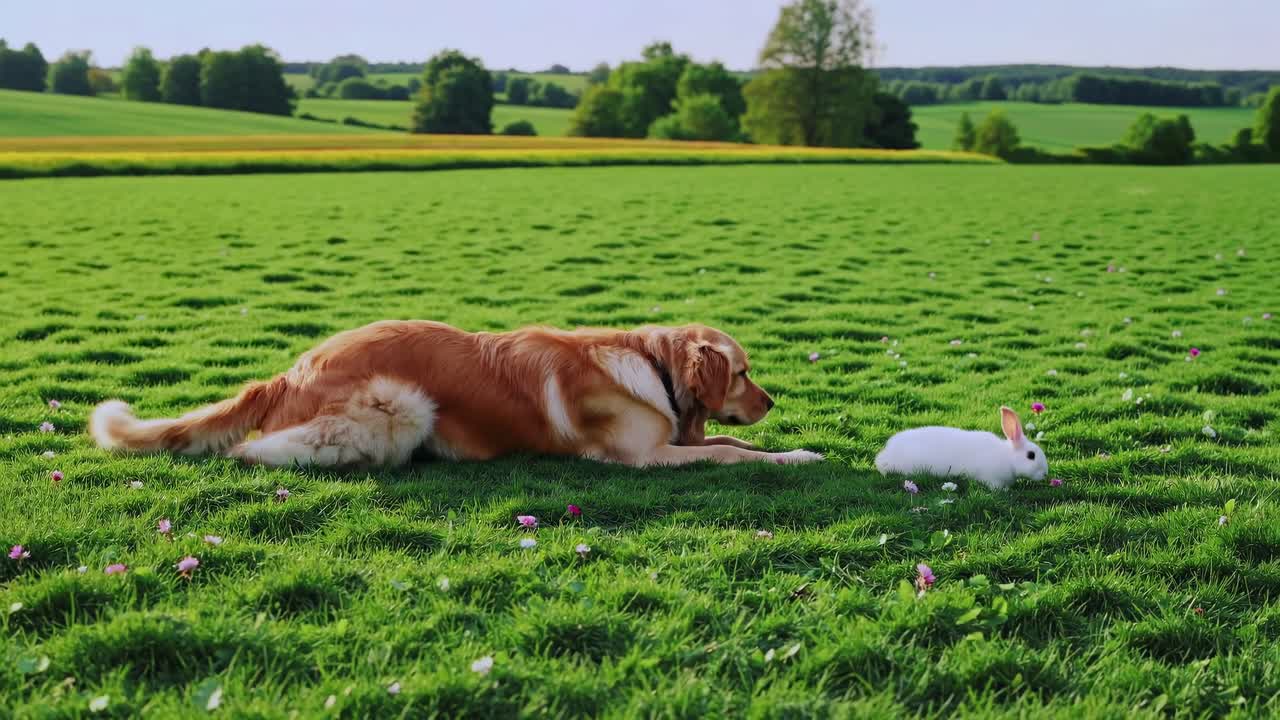 Un cane e un coniglio giocosi si divertono su un prato verde e rigoglioso. Questo video è stato ripreso da una angolazione bassa.