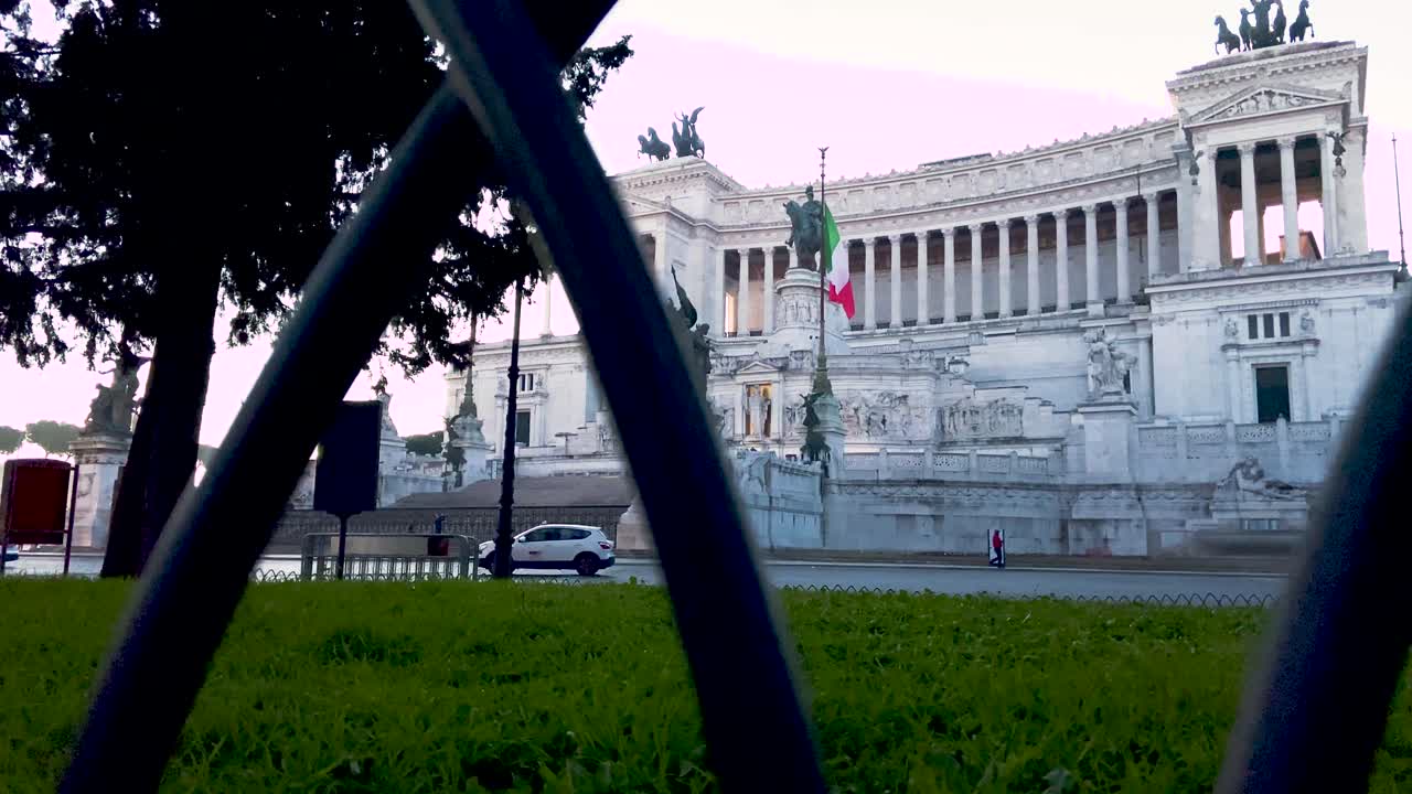 Altar Of The Fatherland Viewed From The Lush Park In Rome, Italy - wide shot