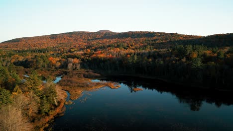 catskill 山脈的美麗荒野景色 - 秋季樹葉的山坡上有森林的湖泊上空