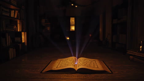 magic book projection in a dark library