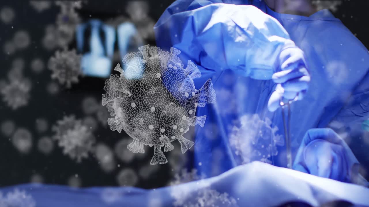 병원에서 수술을 하는 외과 의사의 중간 부분에 떠다니는 여러 개의 코로나19 세포