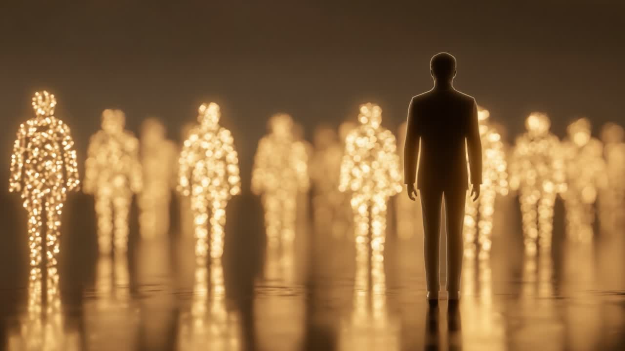 A solitary figure stands among a glowing swarm of illuminated shapes, evoking themes of solitude, reflection, and the ethereal presence of countless unseen souls surrounding it