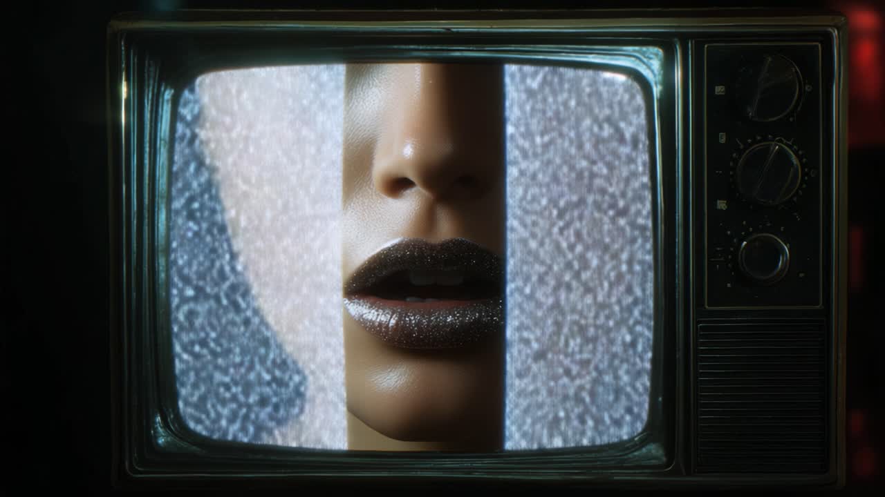 Rappresentazione astratta di un volto glamour riflesso in un televisore vintage, evidenziando dettagli intricati ed effetti visivi unici di luce e texture.