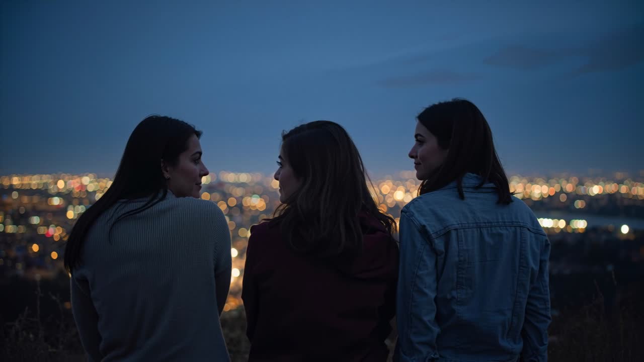 Üç kadın, tepede yaslanmış ve sohbet ederken, hareketli ışıkları izlemek için ufuk çizgisine dönüyor.