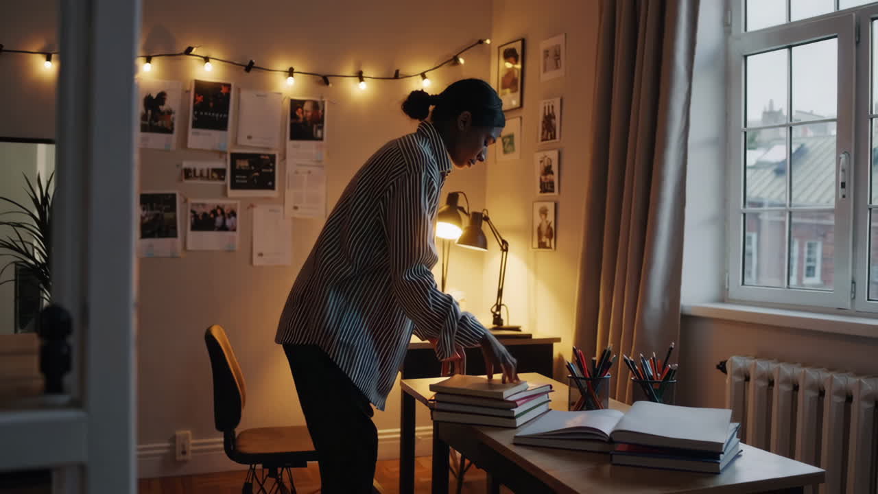 Woman studying in her cozy home office at night