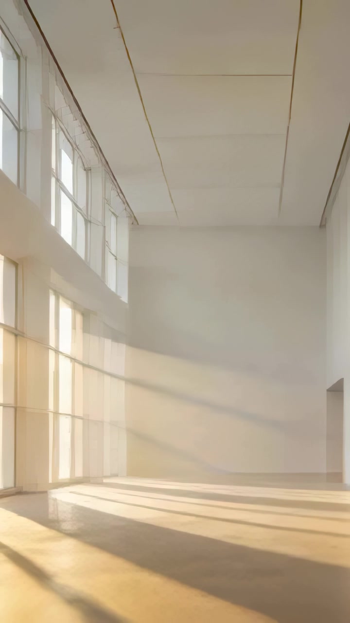 Vertical video: Shifting camera revealing atrium interior, windows casting long shadows on floor