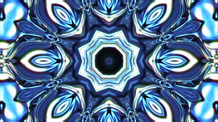 Icy blue kaleidoscope glowing with crystal symmetry and radiant fractal design