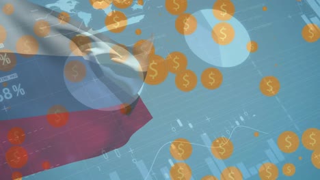 Animation-Von-Dollarsymbolen-über-Datenverarbeitung-Und-Flagge-Russlands