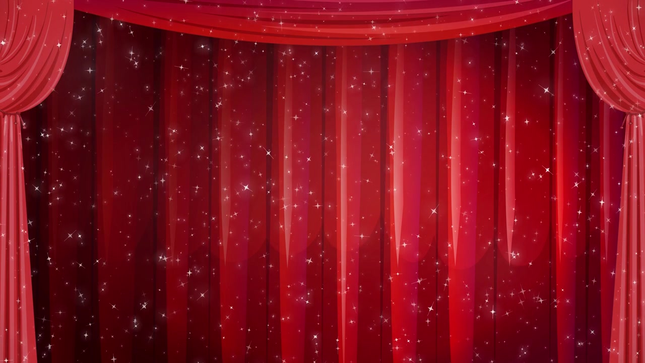 Eleganti tende da palcoscenico in velluto rosso con stelle bianche scintillanti che cadono lentamente in un loop verticale