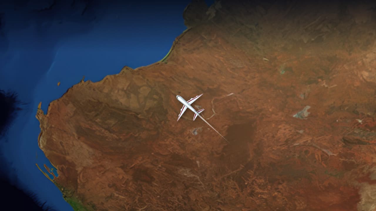 A commercial airplane flies across a digital world map from Melbourne to Munich with labels