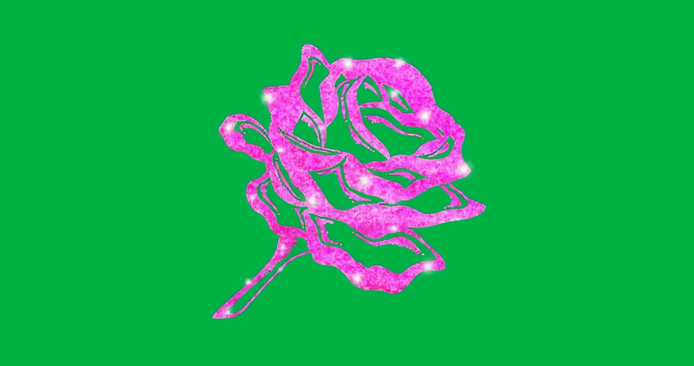 Neonrose med pulserende magenta kronblade, der udvider en blå aura og derefter trækker sig tilbage på en gennemsigtig baggrund.