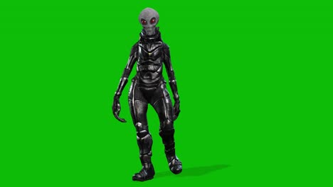 grey alien wearing a space suit walking on green screen, seamless loop 3d animation, front view