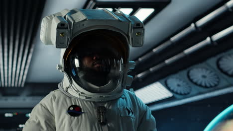 vertical video astronaut walking in orbital station travelling to mars
