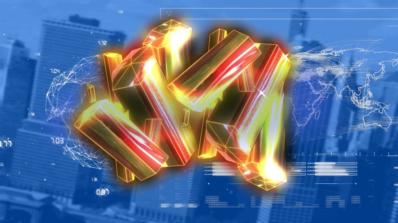 Animation of glowing yellow blocks rotating over connections and cityscape